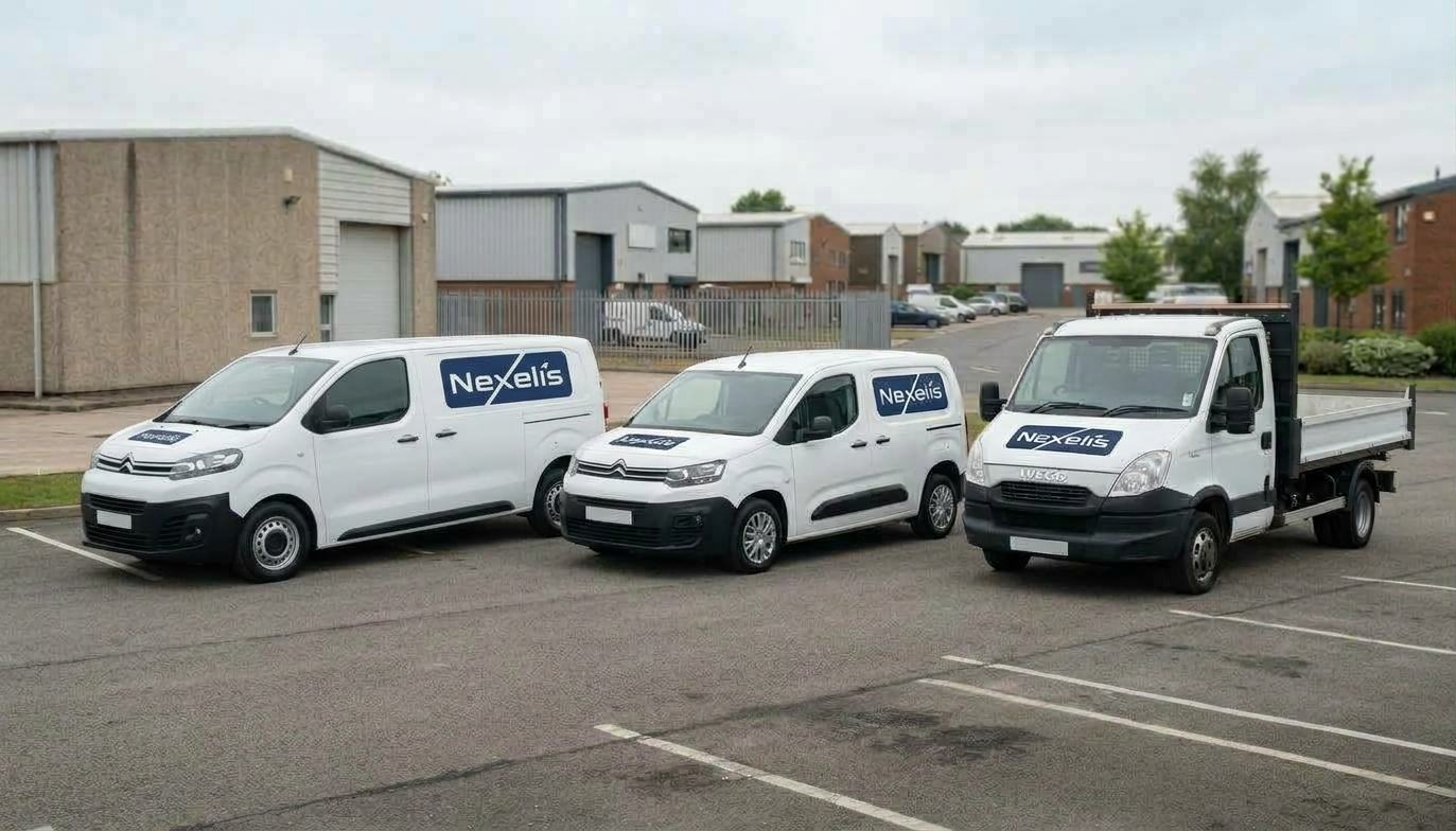 Véhicules Nexelis : deux fourgons et un camion benne